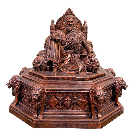 Chhatrapati Shivaji Maharaj Idol Sitting on Sinhasan | 7 Inch Copper Finish Polyresin Statue | Shivaji Maharaj Murti for Home Temple, Office Desk & Living Room Decor | Maratha King Decorative Collectible | Shiv Jayanti Gift