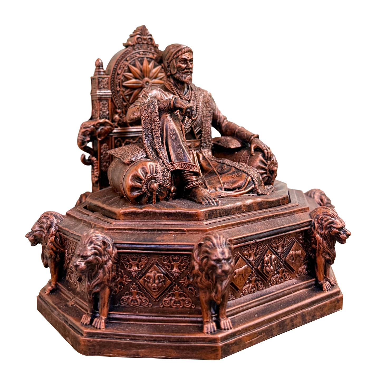 Chhatrapati Shivaji Maharaj Idol Sitting on Sinhasan | 7 Inch Copper Finish Polyresin Statue | Shivaji Maharaj Murti for Home Temple, Office Desk & Living Room Decor | Maratha King Decorative Collectible | Shiv Jayanti Gift