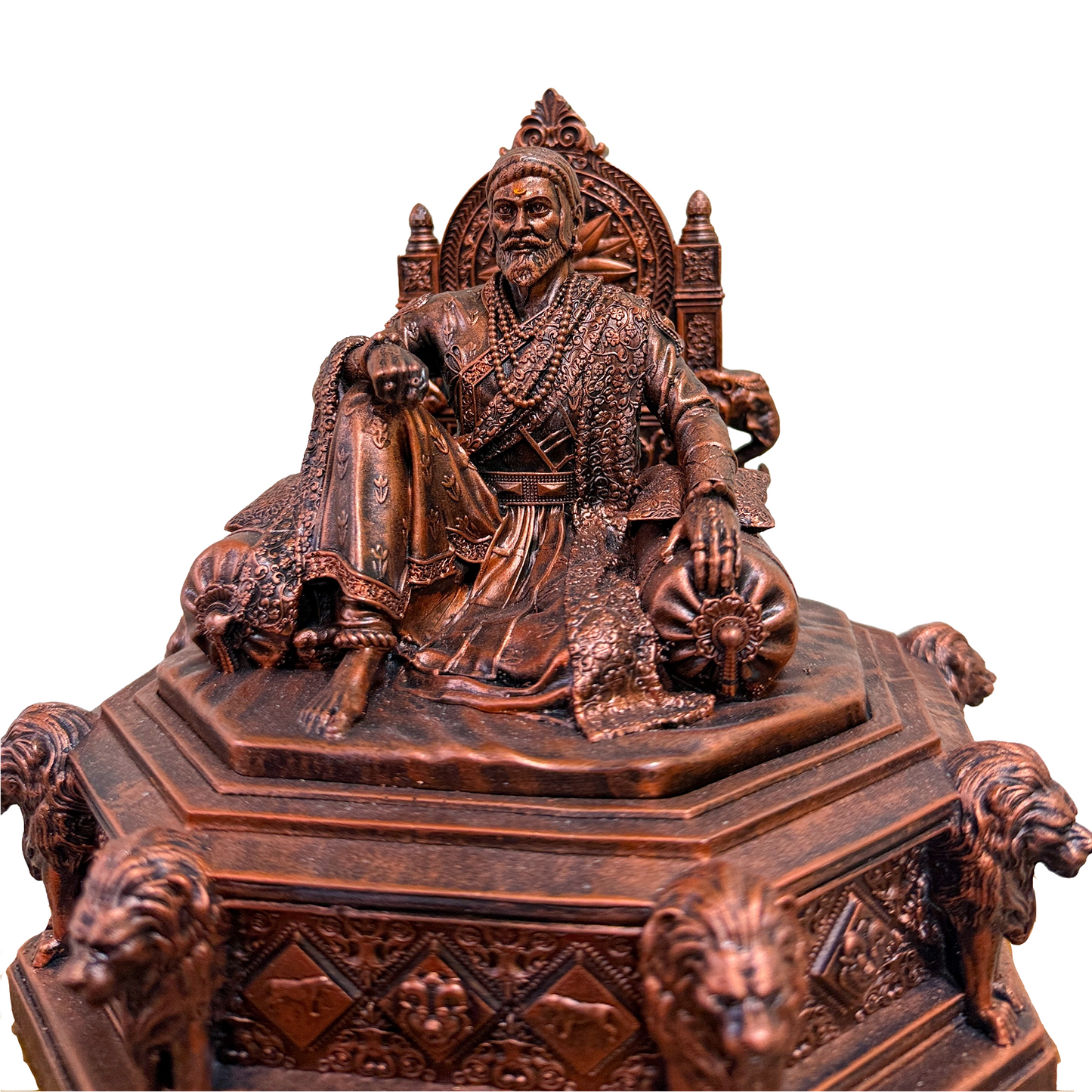 Chhatrapati Shivaji Maharaj Idol Sitting on Sinhasan | 7 Inch Copper Finish Polyresin Statue | Shivaji Maharaj Murti for Home Temple, Office Desk & Living Room Decor | Maratha King Decorative Collectible | Shiv Jayanti Gift